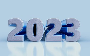 happy new year 2023 with blue and glass effect 3d render concept for festival template design 