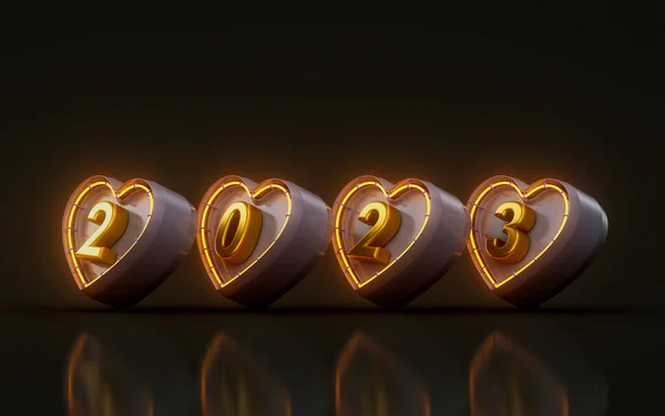 Happy New Year 2023 Neon Light Heart Glass Effect Dark — Stockfoto