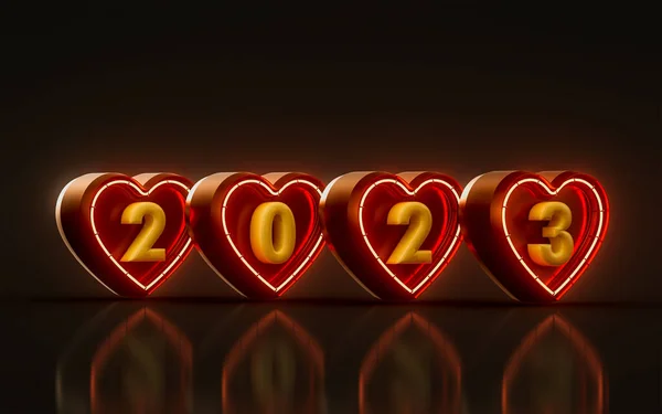 Gelukkig Nieuwjaar 2023 Met Neon Licht Hart Glas Effect Donkere — Stockfoto