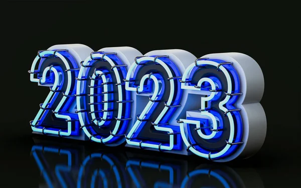 喜庆的新年2023 霓虹灯的蓝光和玻璃的暗背景效果3D渲染概念 — 图库照片