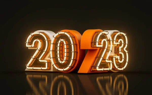 Щасливий Новий Рік 2023 Неоновим Світлом Скляним Ефектом Темному Фоні — стокове фото