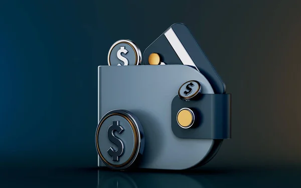 お金のための暗い背景3Dレンダリングの概念に財布クレジットカードとドルのアイコンと文書を置く — ストック写真