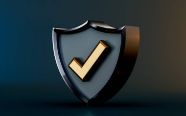 Güvenli koruma için güvenlik kalkanı işaretleme simgesi koyu arkaplan 3d oluşturma kavramı onaylandı