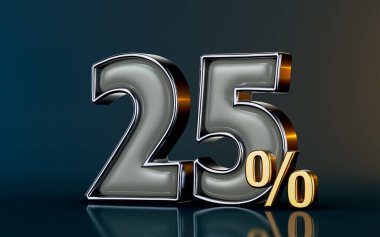 % 25 indirimli mega satış, karanlık arka planda cam etkisi sunar. Alışveriş için 3D canlandırma kavramı