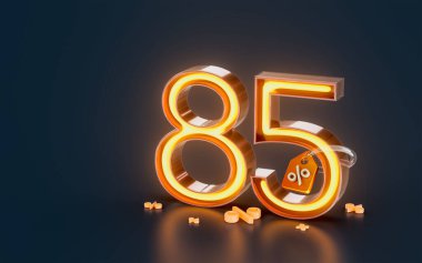 % 85 indirimli indirimli pankart ve koyu arka planda parlayan ışık 3D render kavramı