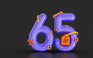 Çizgi film% 65 indirimli satış afişi koyu arka planda. Alışveriş teklifi için 3D sunum kavramı.