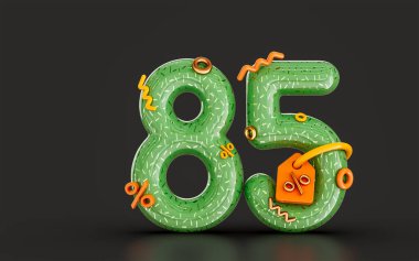 Çizgi film% 85 indirimli satış afişi koyu arka planda. Alışveriş teklifi için 3D sunum kavramı.