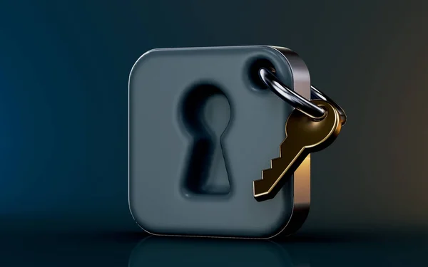 暗黒の背景に鍵とアイコン3Dレンダリングの概念のプライバシーと銀行のセキュリティ — ストック写真