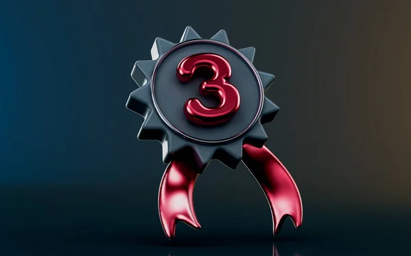 暗い背景に第三位のバッジアイコン3Dレンダリング賞リボンサインシンボルの概念 — ストック写真