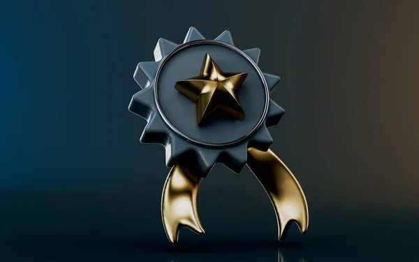 Abzeichen Sternsymbol Auf Dunklem Hintergrund Renderkonzept Für Premium Qualitätsgarantieband — Stockfoto