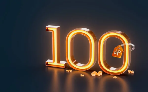 100 Procent Rabatt Försäljning Banner Med Tag Neon Glödande Ljus — Stockfoto