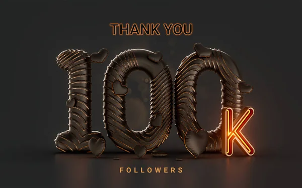 100K Follower Celebration Banner Dark Background Neon Glow Lighting Render — 图库照片