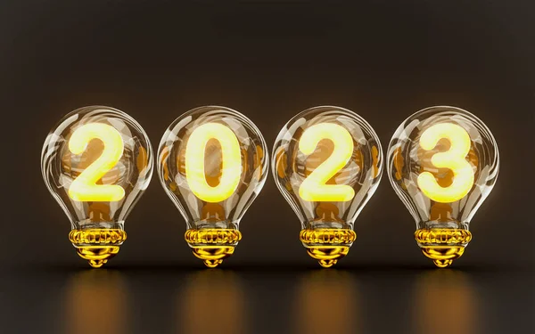 Happy New Year 2023 Glowing Light Bulb Dark Background Neon — Φωτογραφία Αρχείου