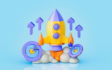 roket yukarı ok ile boğa gözü 3D illüstrasyon iş büyüme politikası ve mükemmel hedef