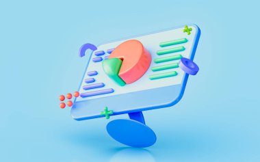 Pasta grafiği 3d resimli masaüstü monitörü pazarlama işi verileri analiz arayüzü