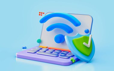 İnternet sitesi çevrimiçi ağ güvenliği Siber güvenlik kalkanı kontrol dizüstü bilgisayarı veri şifreleme, doğrulama, yazılım için 3D tasvir kavramı. Klavyede veri gizliliği koruması antivirüsü