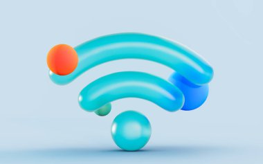 Cep telefonu bilgisayar 3d illüstrasyonunda internet teknolojisi için parlak mavi Wi-Fi sembolünü ayır 