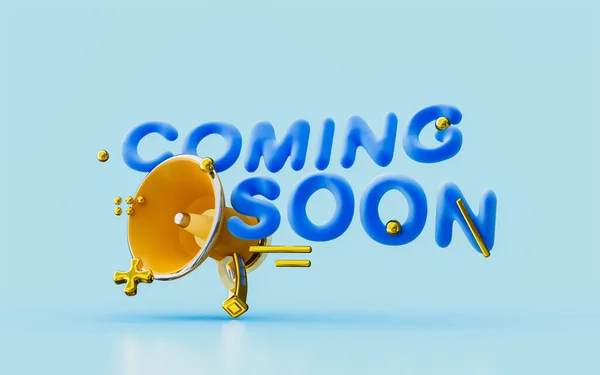 Komende Binnenkort Aankondiging Met Gouden Mega Microfoon Illustratie Voor Banner — Stockfoto