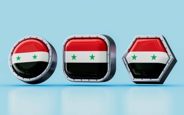 Suriye 'nin üç farklı şekil çerçevesi, dairesi, karesi ve altıgenli bayrakları 3D görüntüle