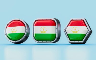 Tacikistan 'ın üç farklı şekil, daire, kare ve altıgenli bayrak işaretlerini 3D renkle