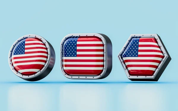 3d render Flag signs of U S A in three different shape frame, circle, square and hexagon