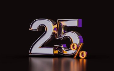 Koyu arka planda% 25 indirimli gerçekçi parlaklıkta ürün satın almak için 3D illüstrasyon 