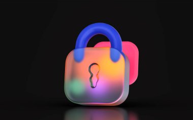 Cam morfizm güvenlik kilidi simgesi koyu arkaplan üzerinde renkli ışık gradyan 3d canlandırma kavramı