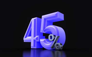 % 45 indirim simgesi, koyu arkaplan renginde 3 boyutlu resimli mega satış teklifi  