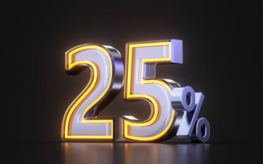 % 25 indirimli, koyu arkaplan üzerinde parlayan metal ışıklı ikon sunar. 3d illüstrasyon