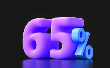 % 65 indirim simgesi büyük satış teklifi koyu arkaplan üzerinde çok peri rengi 3D resimleme