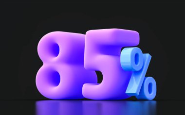 % 85 indirim simgesi büyük satış teklifi koyu arkaplan üzerinde çok peri rengi 3D resimleme