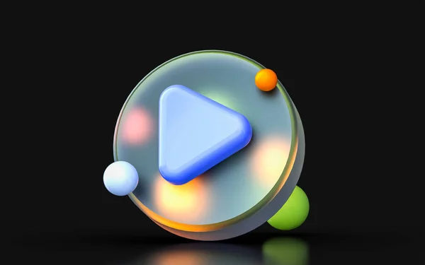 glass morphism video play icon with colorful gradient light on dark background 3d render concept