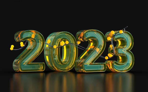 喜庆的新年2023与玻璃形态装饰深色背景3D渲染概念 — 图库照片
