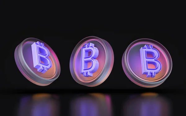 Cam Morfizmi Bitcoin Simgesi Görünüm Açısı Koyu Arkaplan Rengarenk Işık — Stok fotoğraf