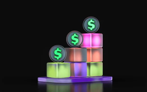 Glasmorphismus Dollardiagramm Symbol Mit Buntem Farbverlauf Licht Auf Dunklem Hintergrund — Stockfoto