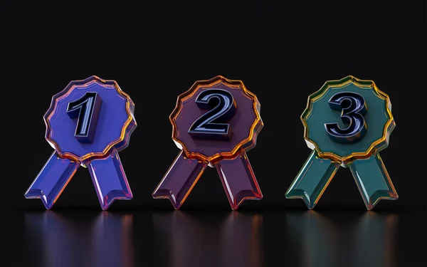 first second third rank badge sign with glass morphism effect on dark background 3d illustration