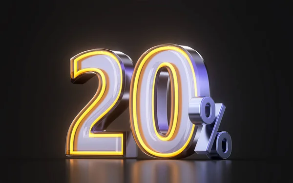 20 percent discount offer icon with metal neon glowing light on dark background 3d illustration