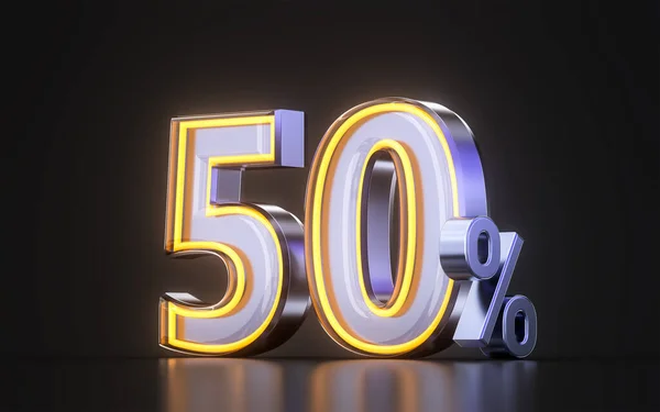50 percent discount offer icon with metal neon glowing light on dark background 3d illustration