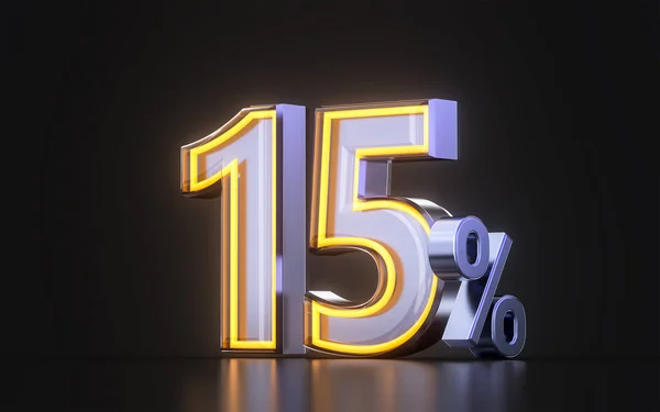 15 percent discount offer icon with metal neon glowing light on dark background 3d illustration