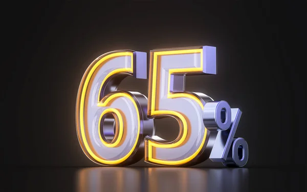 65 percent discount offer icon with metal neon glowing light on dark background 3d illustration