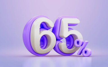 beyaz ve mor çizgi film yüzde 65 indirimli iskonto numarası sembolü 3d canlandırma kavramı 