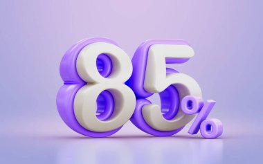 beyaz ve mor çizgi film yüzde 85 indirimli sayı sembolü 3d canlandırma konsepti 
