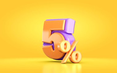 3D rengarenk turuncu ve mor renkte promosyon indirimi% 5 sarı arka planda