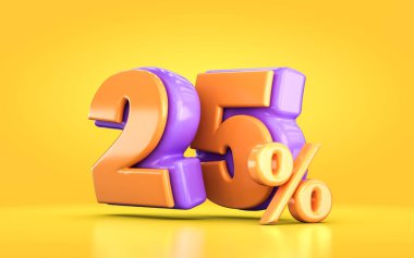 3D portakal ve mor renkte promosyon indirimi sarı arka planda% 25