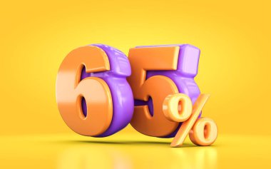 3 boyutlu portakal ve mor renkte promosyon indirimi% 65 oranında sarı arka planda