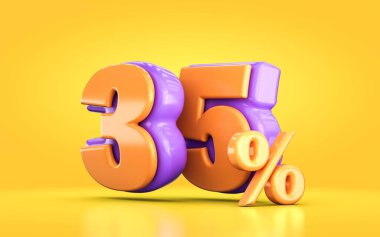 3D render turuncu ve mor% 35 indirimli tanıtım indirimi sarı arka planda