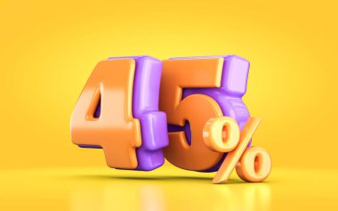 3 boyutlu portakal ve mor renkte promosyon indirimi% 45 oranında sarı arka planda