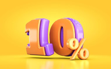 3d render orange and purple 10 percent number of promotional sale discount on yellow background