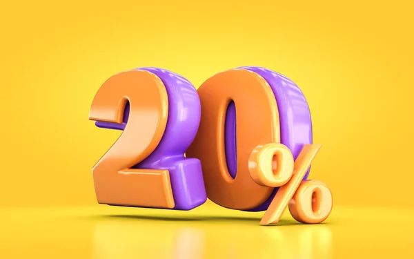 3d render orange and purple 20 percent number of promotional sale discount on yellow background