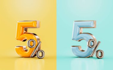 % 5 indirim teklifi, iki farklı renkte turuncu ve cyan 3D renkte sunuluyor.
